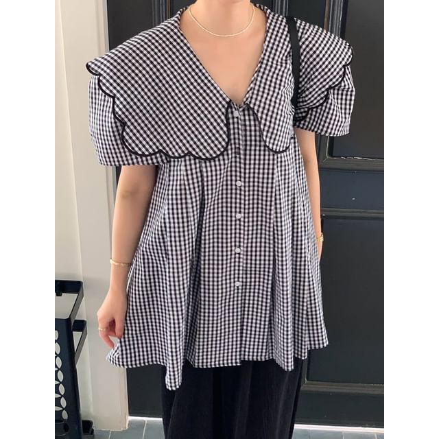 ANORA-Short-Sleeve V-Neck Collared Plaid Button Up Blouse
