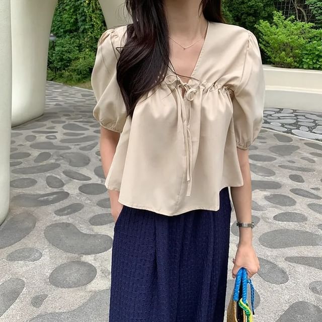 ANORA-Short-Sleeve V-Neck Plain Blouse