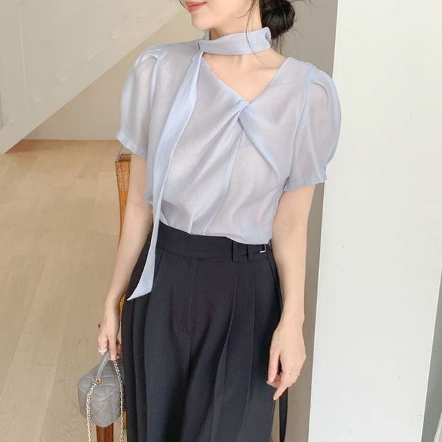 ANORA-Short-Sleeve V-Neck Plain Twisted Blouse