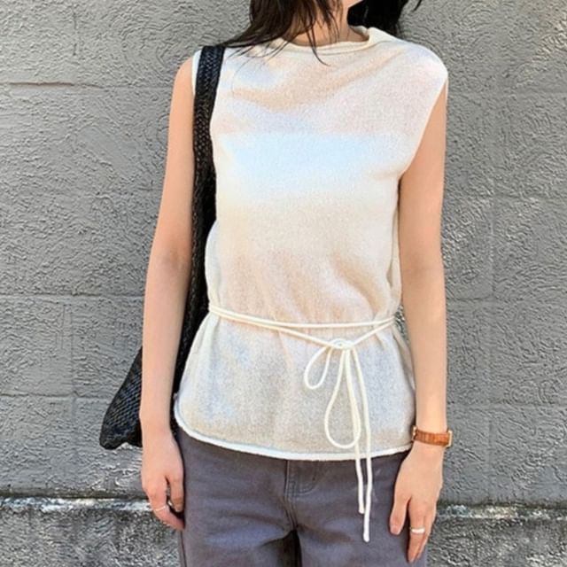 ANORA-Sleeveless Crewneck Plain Knit Top