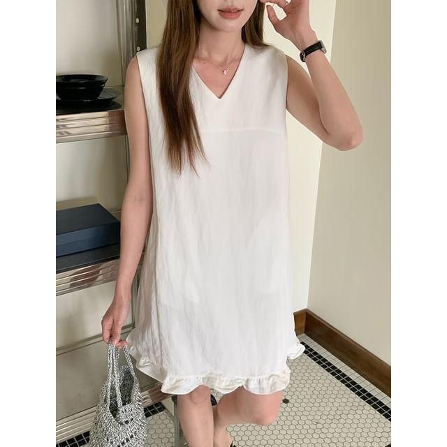 ANORA-Sleeveless V-Neck Plain Ruffle Mini Shift Dress