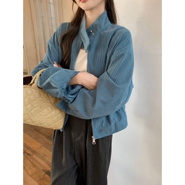 ANORA-Stand Collar Plain Corduroy Zip Jacket