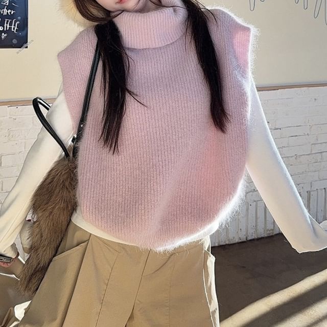 ANORA-Turtleneck Plain Sweater Vest