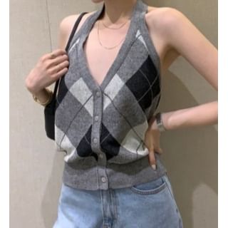 ANORA-V-Neck Argyle Knit Halter Top