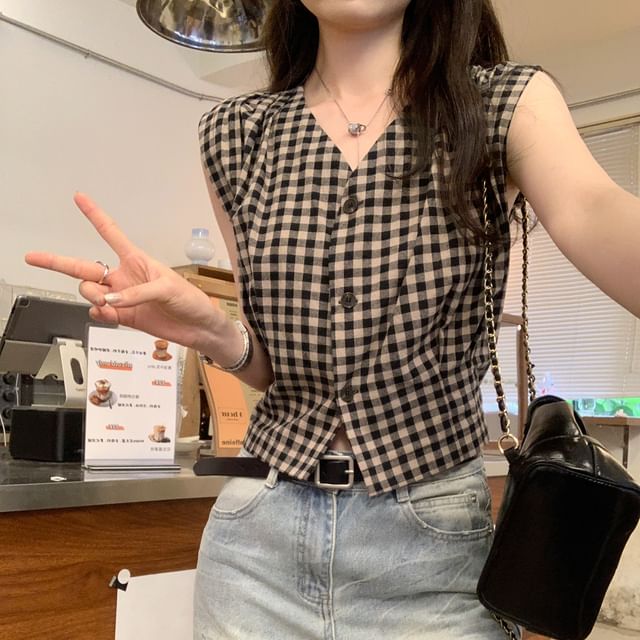 ANORA-V-Neck Plaid Single Breasted Vest