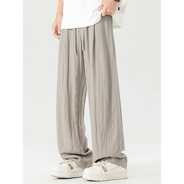 Anovier-Drawstring Waist Plain Wide Leg Pants
