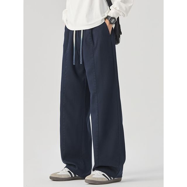 Anovier-Drawstring Waist Plain Wide Leg Pants
