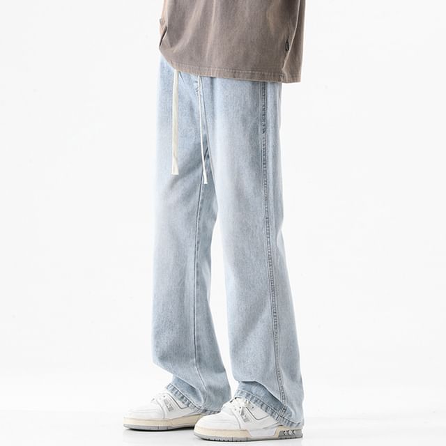 Anovier-Drawstring Waist Washed Bootcut Jeans