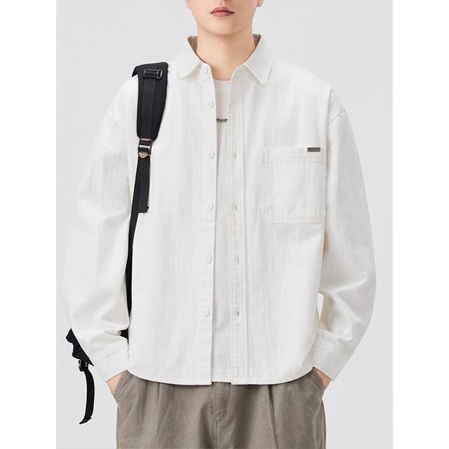 Anovier-Long-Sleeve Button-Up Plain Shirt