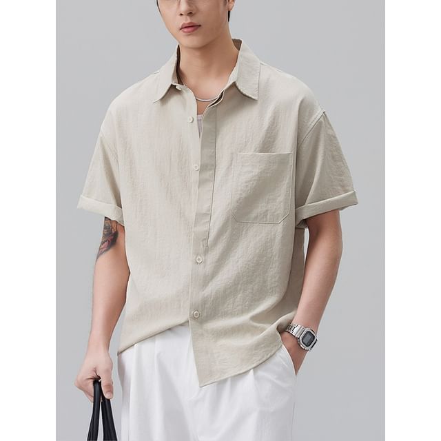 Anovier-Short-Sleeve Collared Plain Button Up Shirt