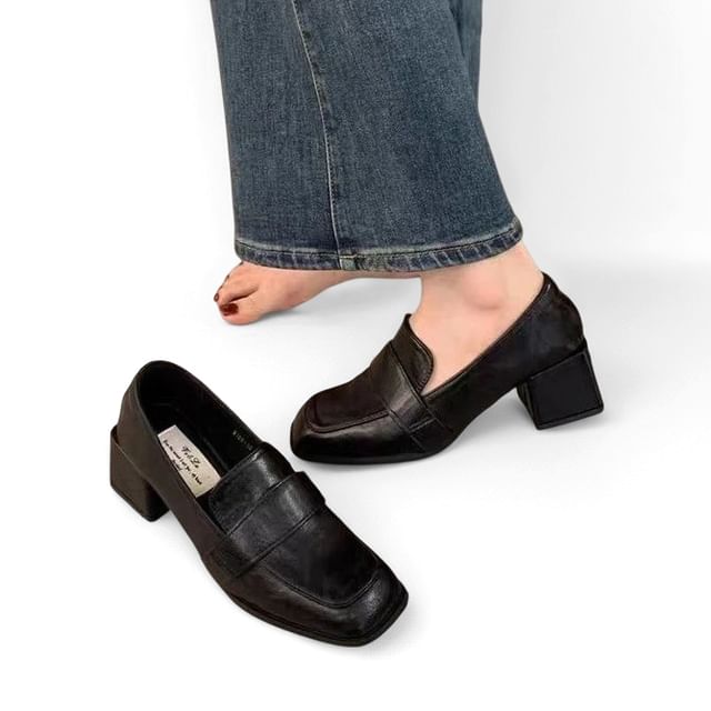 Anran-Block Heel Faux Leather Loafers