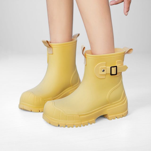 Anran-Buckled Platform Chunky Heel Rain Boots