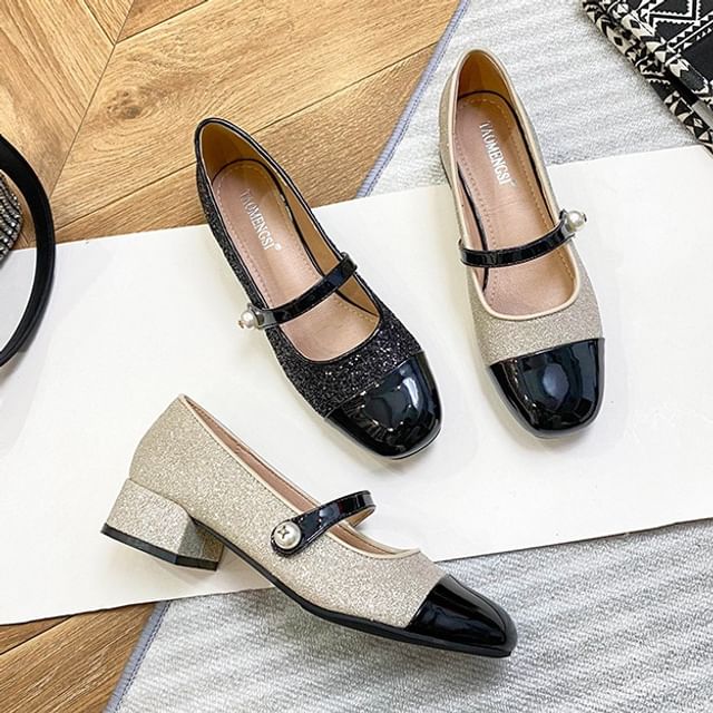 Anran-Chunky Heel Cap Toe Sequin Mary Jane Pumps