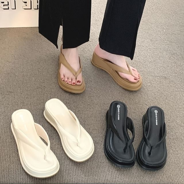 Anran-Faux Leather Platform Flip Flops