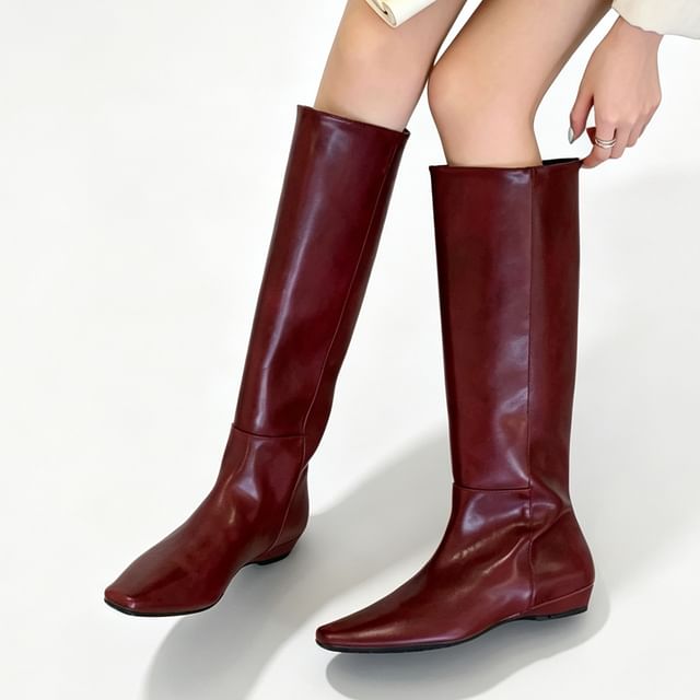 Anran-Faux Leather Square Toe Tall Boots