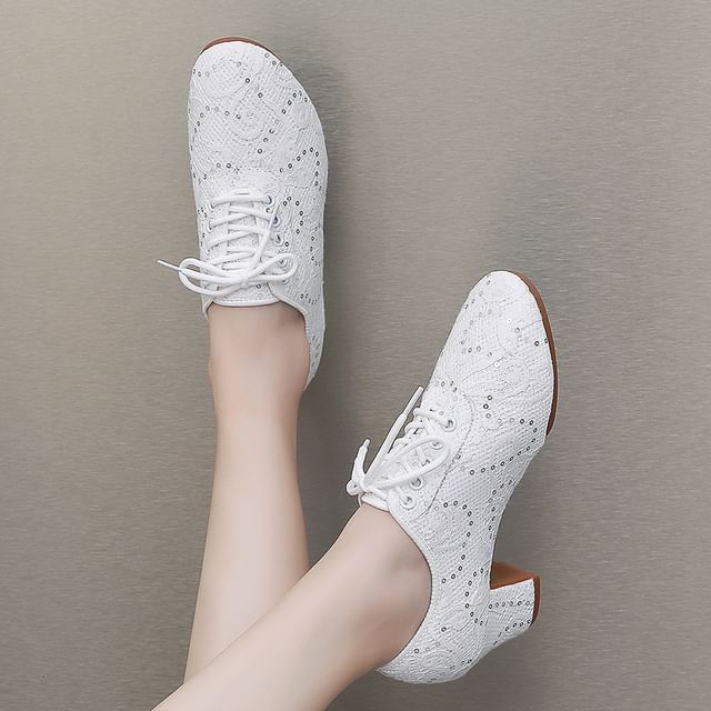 Anran-Indoor Sequined Lace-Up Block Heel Dance Practice Shoes Various Designs