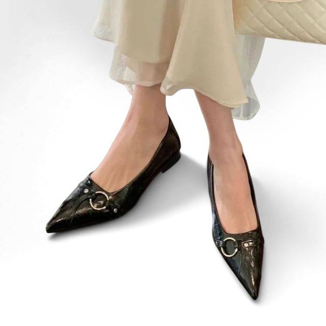 Anran-Kitten Heel Pointed Toe Faux Leather Pumps