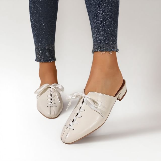 Anran-Low Heel Lace-Up Plain Mules