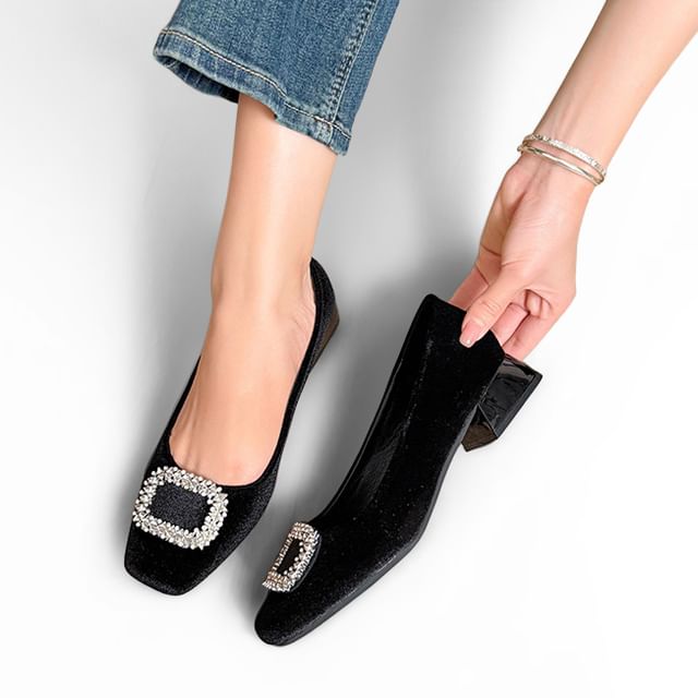 Anran-Low Heel Rhinestone Buckle Pumps