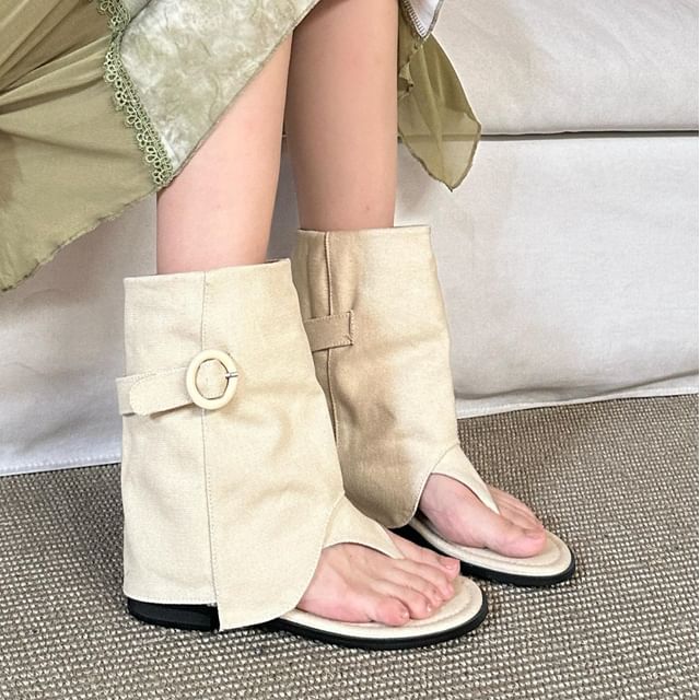 Anran-Plain Buckled Short Thong Boots
