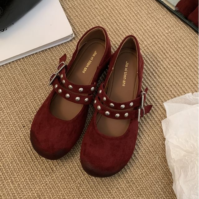 Anran-Plain Studded Mary Jane Shoes