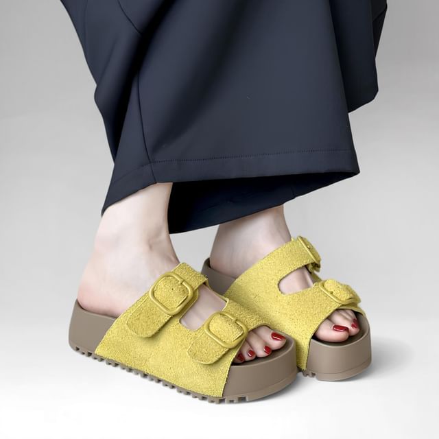 Anran-Platform Buckled Faux Suede Slide Sandals