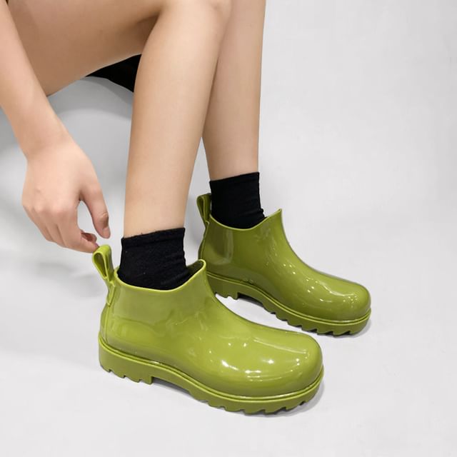 Anran-Platform Chunky Heel Plain Ankle Rain Boots
