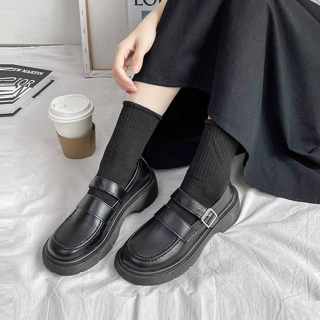 Anran-Platform Plain Faux Leather Mary Jane Shoes