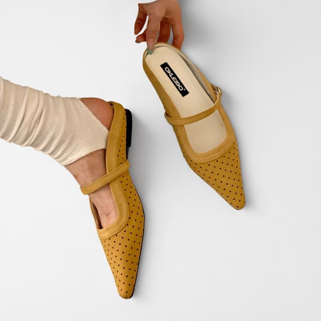 Anran-Pointed Toe Dotted Mary Jane Mules