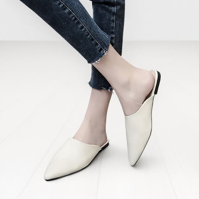 Anran-Pointed Toe Faux Leather Mules