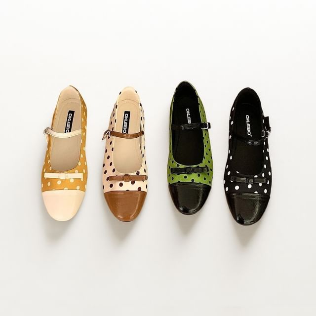 Anran - Polka Dot Bow Accent Faux Leather Mary Jane Flats | YesStyle