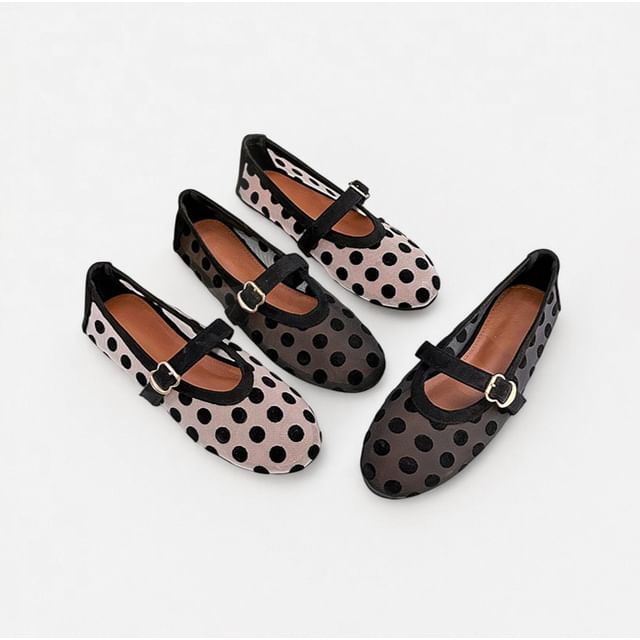 Anran-Polka Dot Mesh Mary Jane Flats