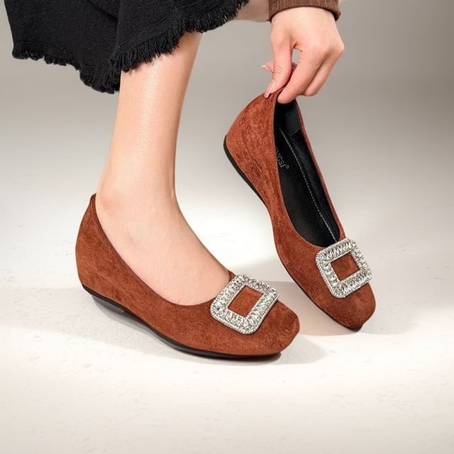Anran-Rhinestone Buckle Hidden Wedge Pumps