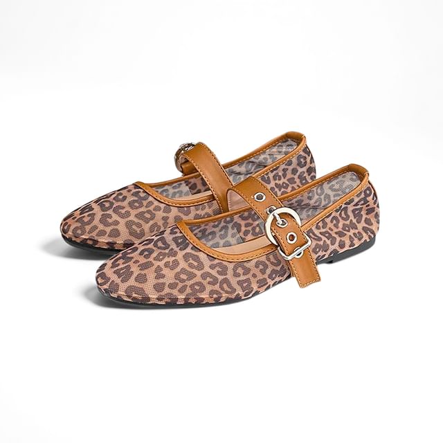Anran-Round Toe Leopard Print Mesh Mary Jane Flats