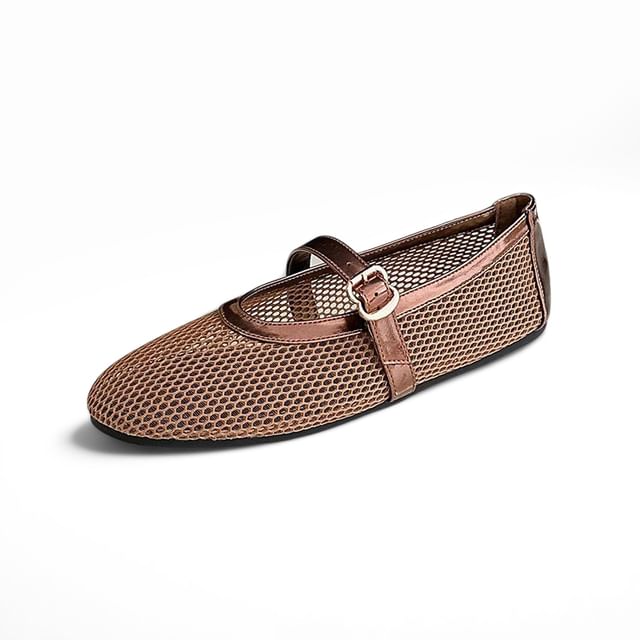 Anran-Round Toe Mesh Mary Jane Flats