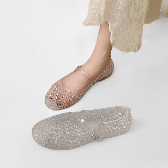 Anran-Round Toe Perforated Jelly Mary Jane Flats