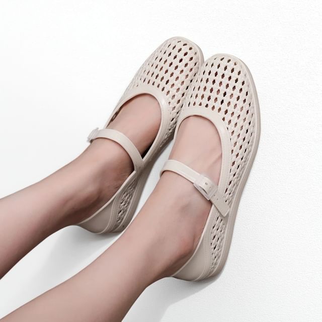 Anran-Round Toe Plain Perforated Jelly Mary Jane Flats