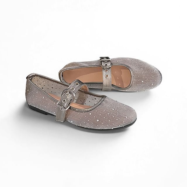 Anran-Round Toe Rhinestone Mesh Mary Jane Flats
