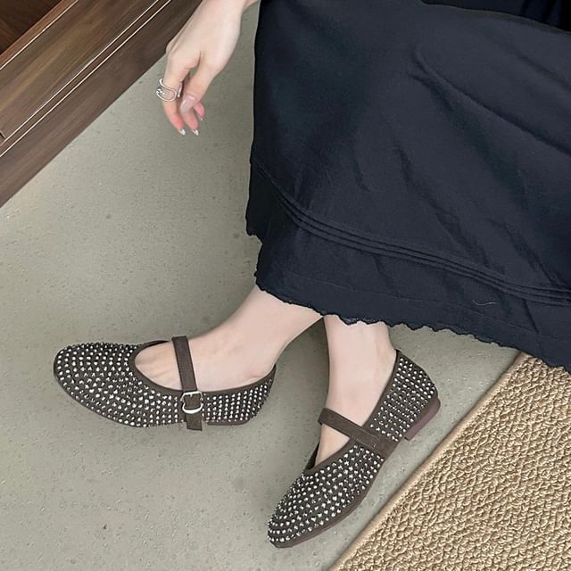 Anran-Round Toe Studded Mary Jane Shoes