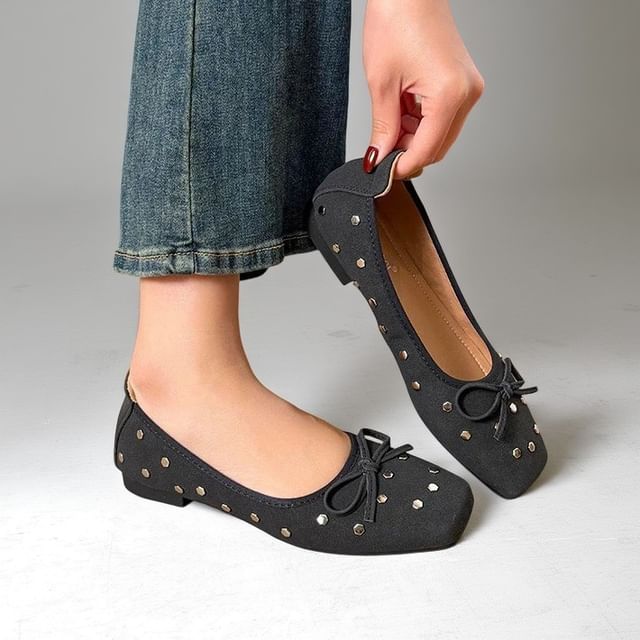 Anran-Square Toe Bow Studded Flats