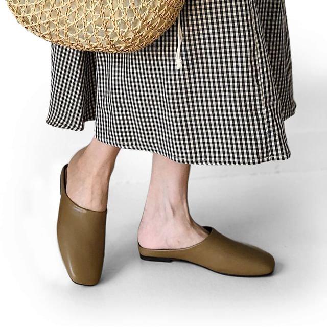 Anran-Square Toe Faux Leather Mules