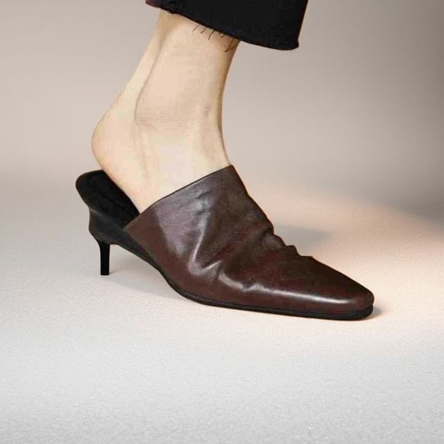 Anran-Square Toe Faux Leather Wedge Mules