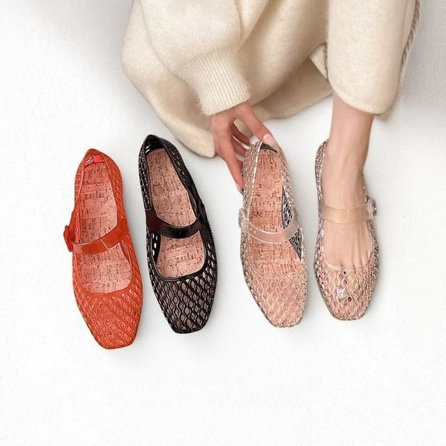 Anran-Square Toe Jelly Mary Jane Flats