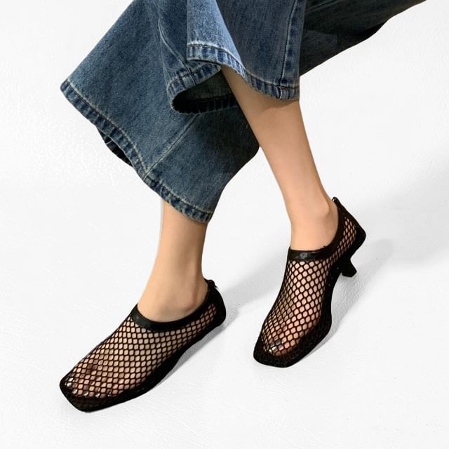 Anran-Square Toe Mesh Kitten Heel Pumps
