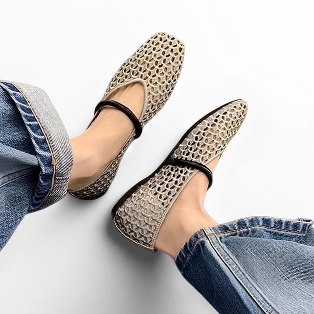 Anran-Square Toe Perforated Mary Jane Flats