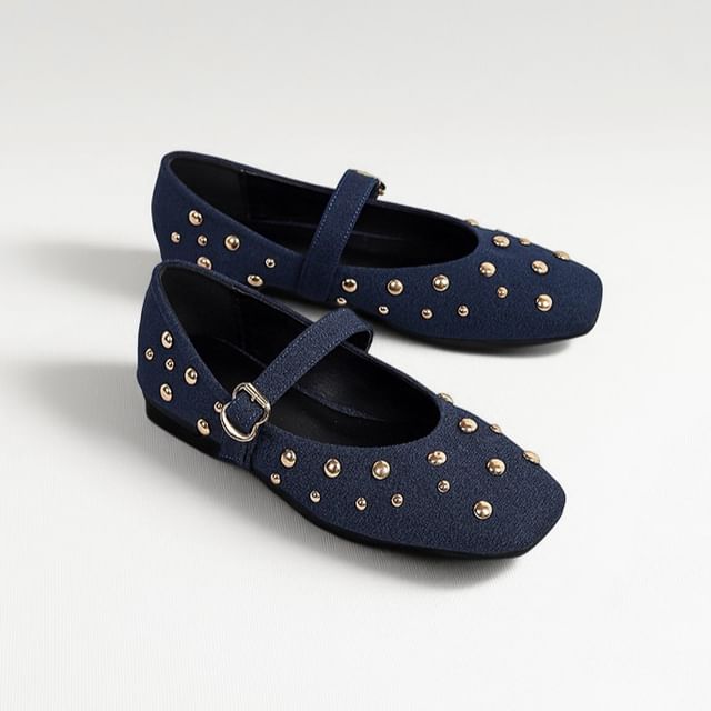 Anran-Square Toe Studded Mary Jane Flats