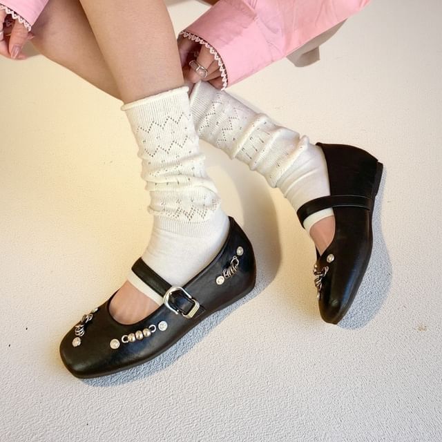 Anran-Square Toe Studded Mary Jane Shoes