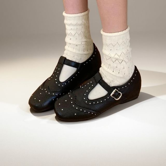Anran-Square Toe T-Strap Studded Mary Jane Shoes