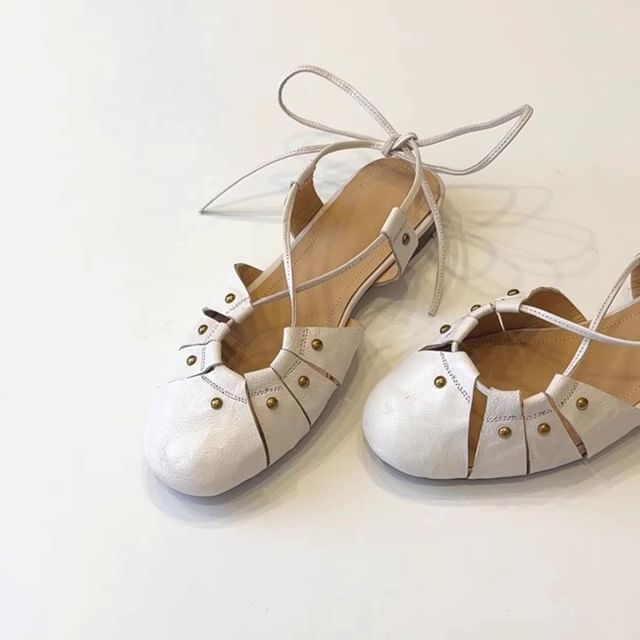 Anran-Studded Faux Leather Tie Back Flats
