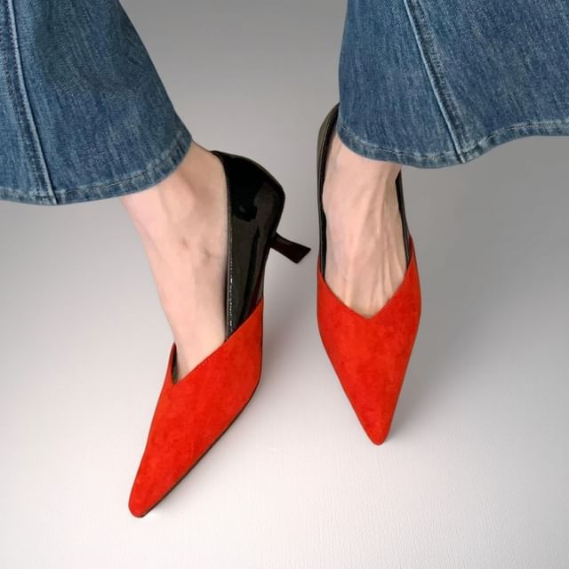 Anran-Two-Tone Pointed Kitten Heel Pumps